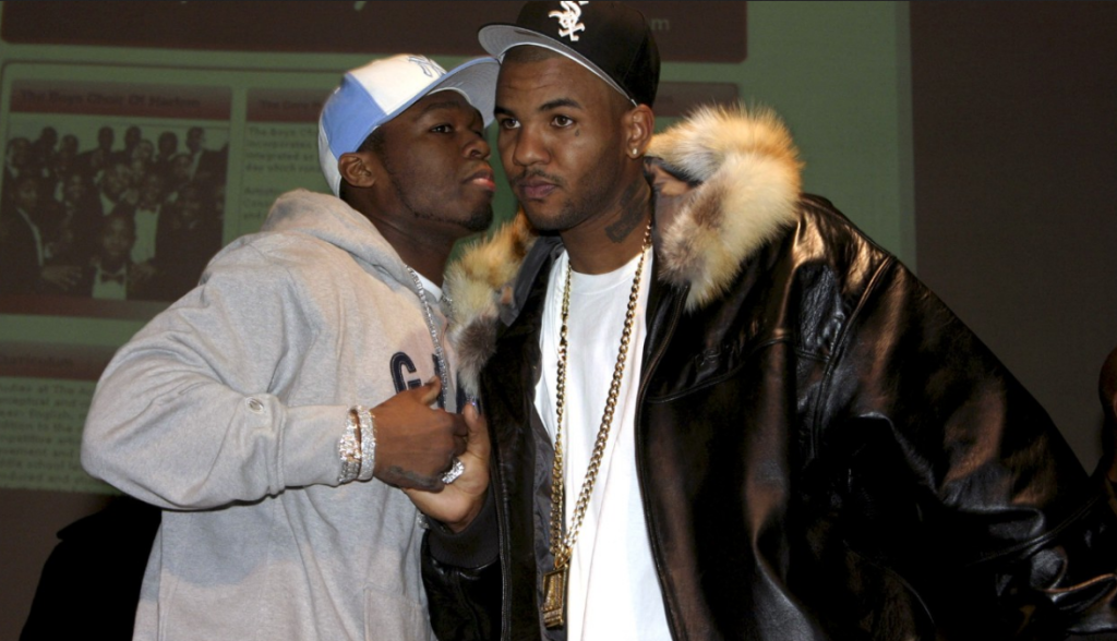 50 Cent e The Game nel 2006, alla conferenza stampa che avrebbe dovuto defintiivamente sancire la loro pace.